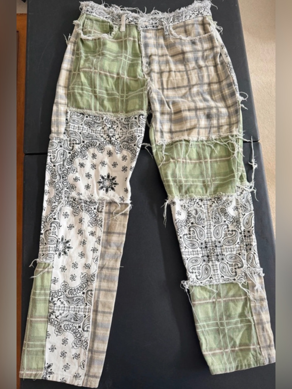 Patchwork Straight-Leg Jeans in Green Plaid & Bandana